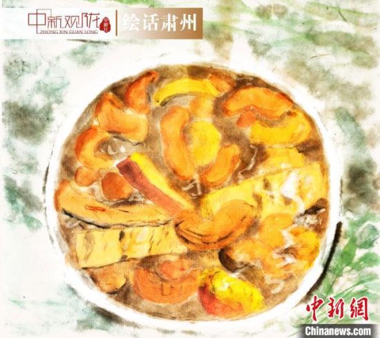圖為酒泉美食“糊鍋”繪畫作品?！《排d彥 攝