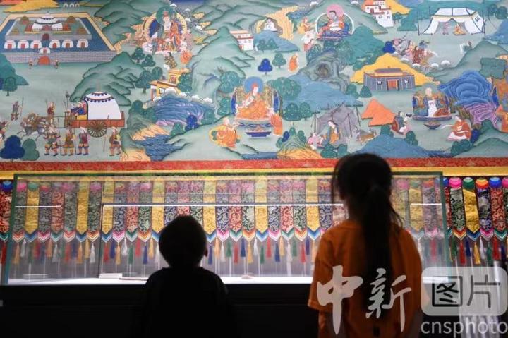 圖為觀(guān)眾參觀(guān)唐卡《涼州會(huì)盟》。 中新社記者 戴文昌 攝